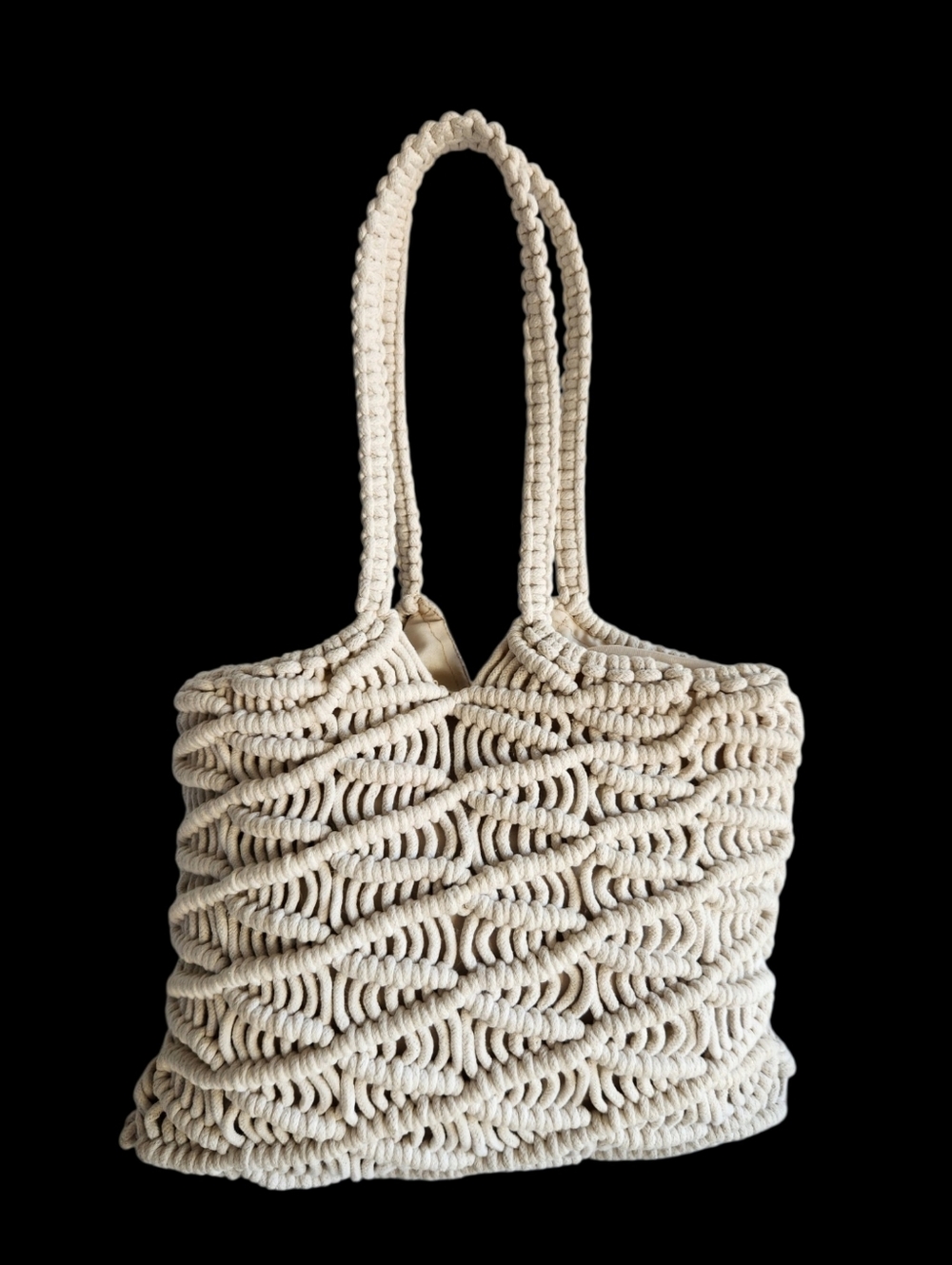 C&C California Woven Crochet Macrame Tote Cream Shoulder Bag Boho Open Weave - Picture 5 of 15